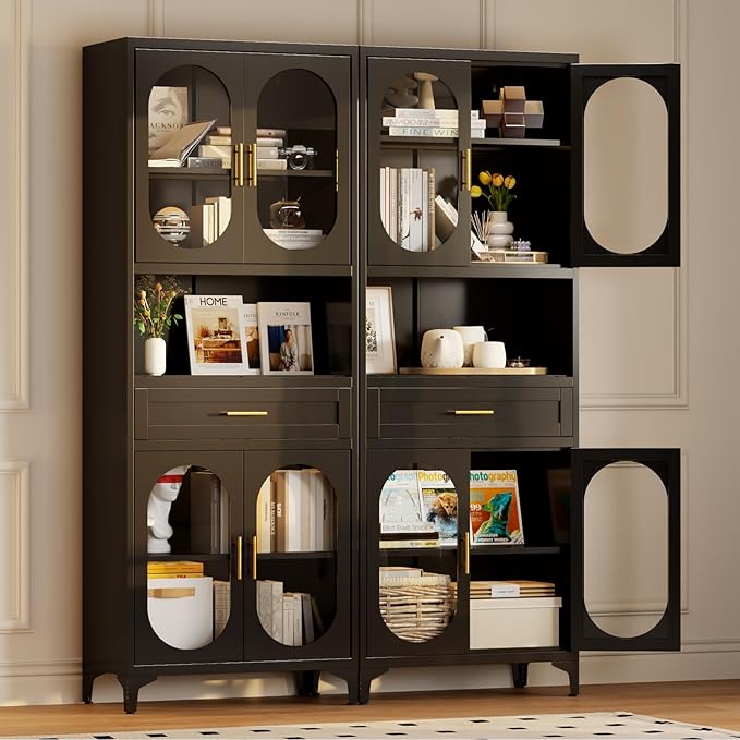 75" Tall Kitchen Pantry Cabinet,Metal Storage Cabinets with 4 Glass Doors and Adjustable Shelves,Freestanding Display Cupboard for Dining Room,Living Room,Hallway,Bathroom,Black