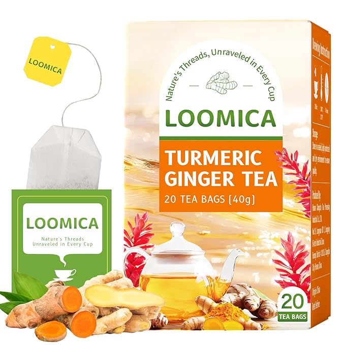 LOOMICA Turmeric Ginger Tea Bags, Caffeine Free, 100% Natural Warm & Spicy Herbal Blend with Zesty Turmeric and Ginger for Comfort, Individually Wrapped Bags, 20 Counts