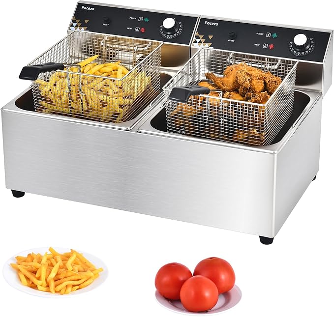 Commercial Deep Fryer with Basket, 3400w 19.7Qt Oil Tank/ 8.9Qt Basket x 2, 0.6mm Thickened Stainless Steel Countertop Electric Fryer for Home Use, Oil Fryer with Double Overheat Protection
