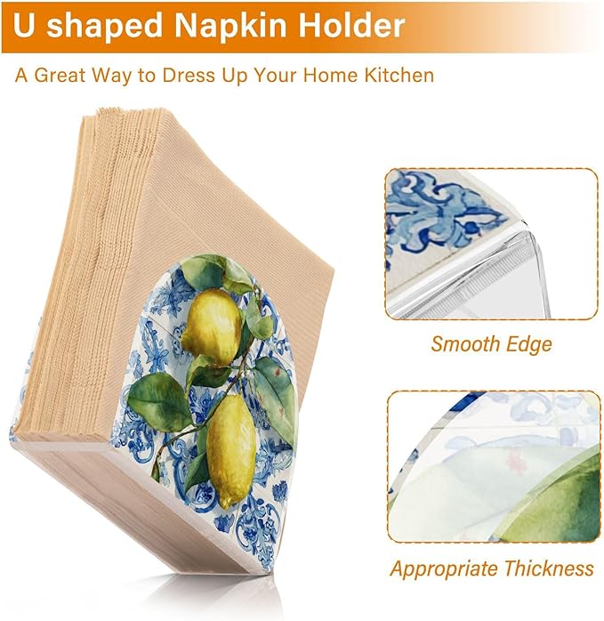 Lemon Blue Tiles Napkin Holder for Table Paper Cocktail Napkin Holders for Kitchen Dinning Acrylic Dinner Napkin Dispenser for Dinner Home Decor Bar 2 Pack