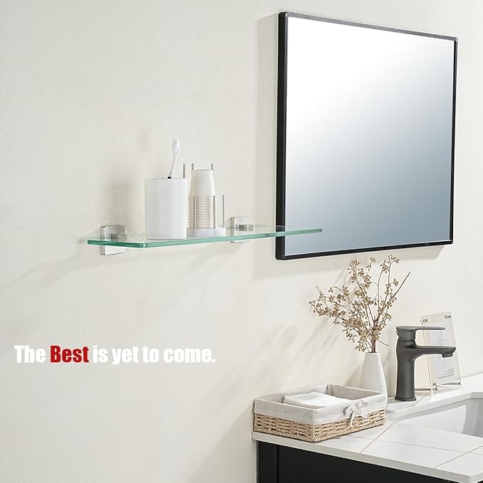 JQK Bathroom Glass Shelf, Floating Tempered Glass Shower Storage 24 by 5 inches, 304 Stainless Steel Brushed Finish Wall Mount, TGS201L24-BN