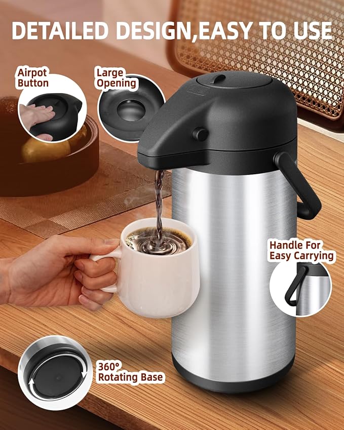 Esemoil Coffee Carafe for Keeping Hot with Pump, 102oz/3L Large Capacity Airpot Coffee Dispenser, Insulated Stainless Steel Thermal for Hot/Cold Water Liquid Tea Chocolate for Hot Cocoa for Parties