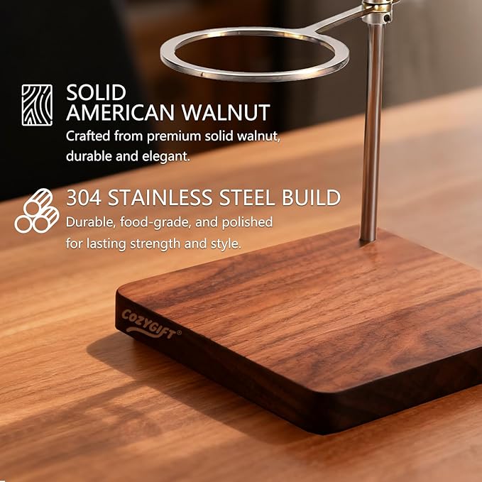 Pour Over Coffee Stand, North American Black Walnut Base with Stainless Steel Single-Arm Ring, Rotating Dripper Stand Fits 1-2 Cup V60 Brewers, Mugs and Carafes for Home Coffee Bar Setup