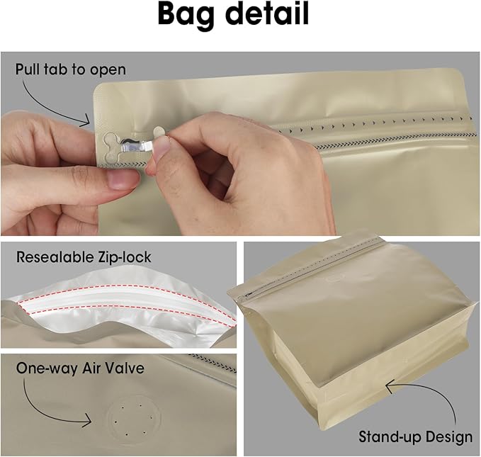50 Count 8oz Coffee Bags with Valve,1/2 lb Vented Coffee Beans Packaging Bags High Barrier Aluminumed Foil Flat Bottom Heat Sealed Side Zipper Resealable Storage Bag for Home or Business（Brown）
