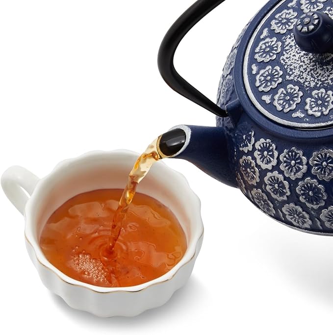 Juvale Japanese Cast Iron Teapot with Infuser & Stovetop Tea Kettle - 34 oz, Blue - Heat Retention, Removable Lid & Fold-Down Handle