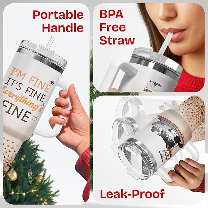 34HD Tuxedo Cat Tumbler 40oz Stainless Steel with Handle and Straw, It's Fine I'm Fine Mug, Funny Cat Travel Mug, Mothers Day Gifts for Tuxedo Mom