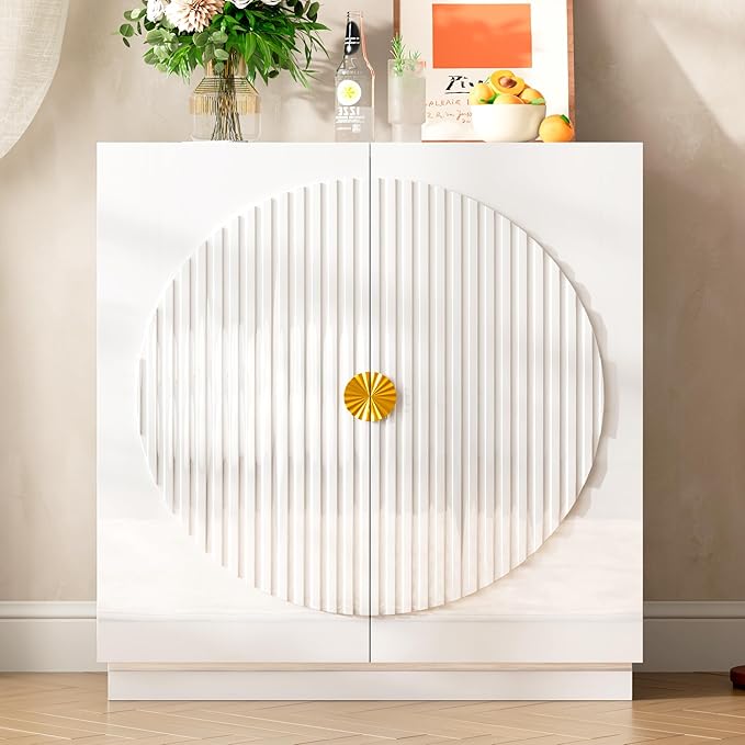 LVSOMT Sideboard Buffet Cabinet with Storage, Modern Accent Credenza with Doors and Adjustable Shelve, 33" Wood Coffee Bar Cabinet for Kitchen, Entryway, Dining Room, High Gloss White