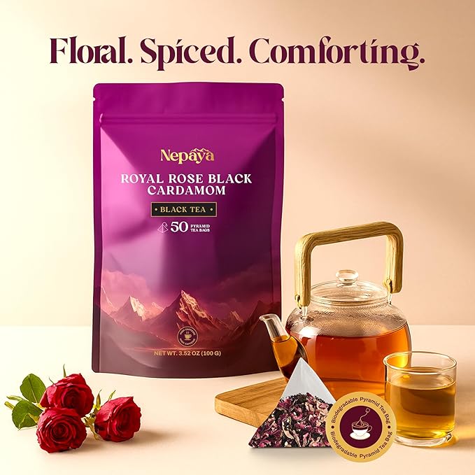 Royal Rose Cardamom Black Tea Bags, Assam Rose tea with Black Cardamom & Rose Petals, Luxury Chai Blend, 50 individually Wrapped Biodegradable Pyramid Bags, Premium Rose Tea