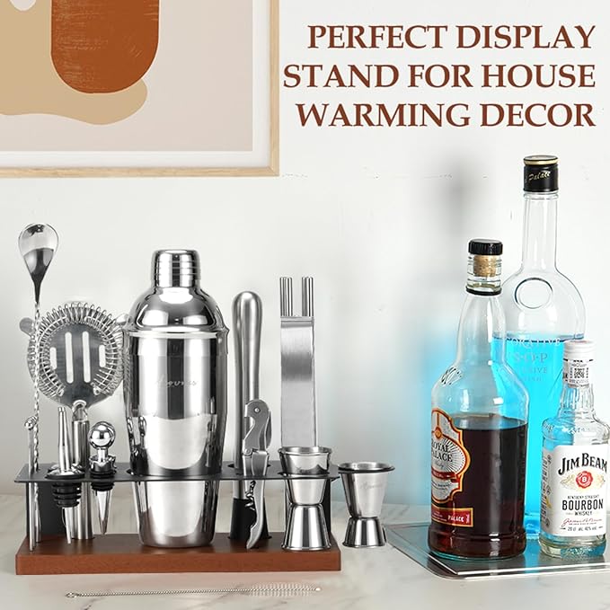 23-Piece Bartender Kit, Cocktail Shaker Set with Stand | Bar Drink Mixer Set with All Essential Bar Tools: Martini Shaker, Jigger, Strainer, Muddler, Pourers, for Home, Bar, Party (Brown)