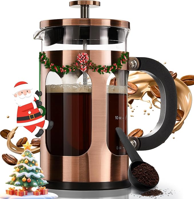BAYKA French Press Coffee Tea Maker Small, Heat Resistant Thickened Borosilicate Glass Stainless Steel Single Serve Brewer, Cold Brew Cafetera Teapot, 21 Ounce 0.6 Liter,Copper