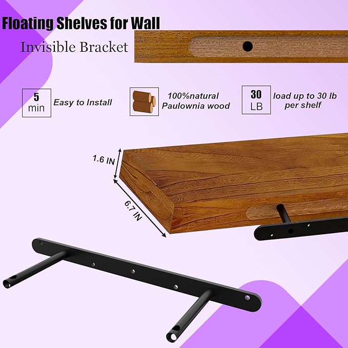 IAE Led Floating Wall Shelves 24 inch,Bathroom Shelf Wall Mounted,Invisible Shelf Floating Kitchen Shelves,Wooden Wall Shelving with Brackets for Living Room Wall Mounted,Easy Install,Set of 2,Teak