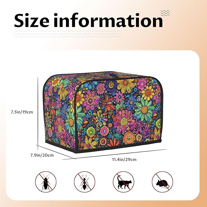 Toaster Cover 2 Slice Colorful Flower Art Kitchen Small Appliance Covers with Pockets Dust and Fingerprint Protection
