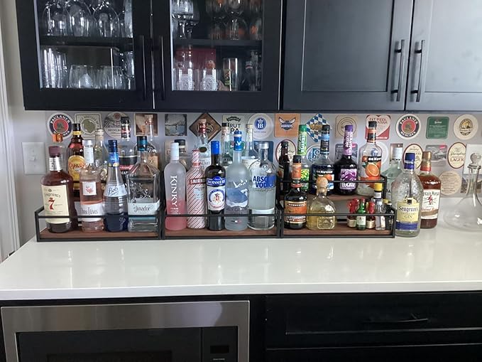 THYGIFTREE Liquor Bottle Display Shelf 2 Tier Rack Holder Bar Shelf Stand for Wine Whiskey Risers Organizer Kitchen Countertop
