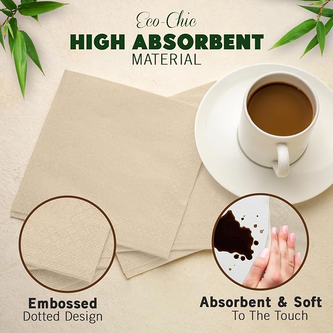 Weemium Compostable Napkins Disposable - FSC Certified - Pack of 300, 2-Ply - 5 x 5 Inch Folded - Post-Consumer Recycled Materials - Biodegradable & Highly Absorbent Paper Napkins for Lunch & Dinner