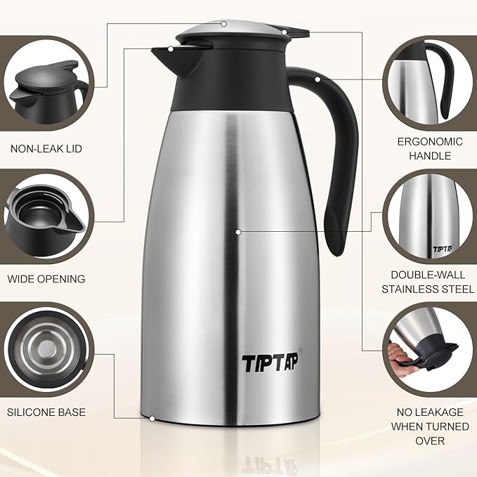 TIPTAP 70oz Thermal Coffee Carafe, Stainless Steel Insulated Vacuum Coffee Carafes For Keeping Hot and Cold, 2 Liter Beverage Dispenser