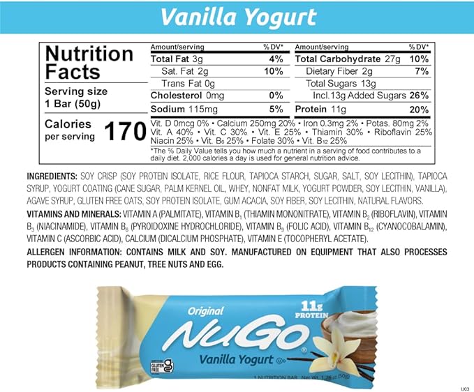 NuGo Original Variety, Vanilla Yogurt 15 bars & Orange Smoothie 15 bars, 11g Protein, Gluten Free, 30 Count