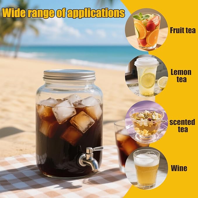 Glass Drink Dispensers for Parties, Beverage Dispenser with Stand, Ice Cylinder and Stainless Steel Spigot 100% Leakproof, Beverage Dispenser for Lemonade Sun Tea (2 Gallon Single with Stand)