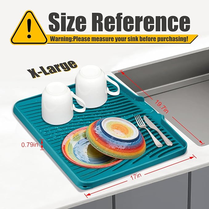Silicone Dish Drying Mat, Stone Drying Mat for Kitchen Counter with Built-In Drain, Non-Slip Drain Pad with Built-in Drain, Heat Resistant Stone Drying Mat, 1Pcs 19.7" x 17", Green