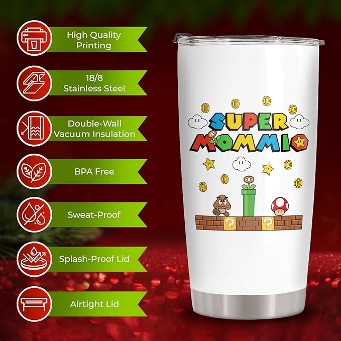 34HD Gifts for Mom Wife, Mommio Tumbler with Lid, 20 oz Vacuum Insulated Mommy Nutrition Facts Mug, Retro Game Mama Cup, Cool Gifts for Mom from Daughter Son Husband