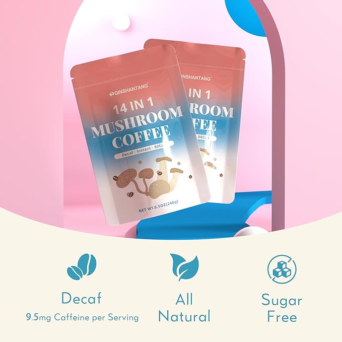 Decaf Mushroom Coffee, Instant Coffee Mix, 80 Servings | Sugar-Free, Decaffeinated Coffee Powder Blend | 14 Mushroom Extract for Immune Support & Focus, 8.5 OZ