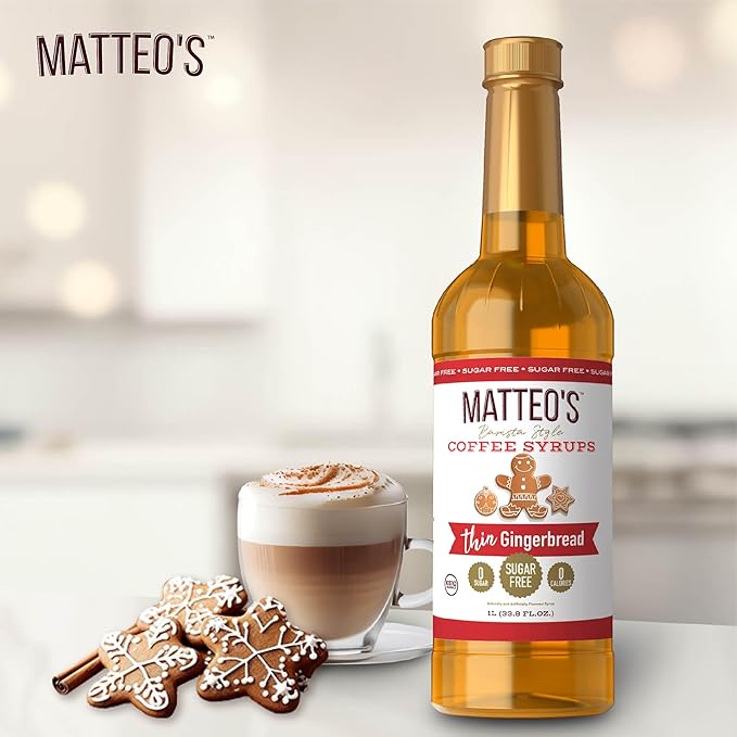 Matteo's Gingerbread Syrup for Coffee, Lattes, Cappuccinos & Desserts – Sugar-Free Sweetener for Beverages, Keto Friendly, Zero Calories, Indulgent Flavor, Non-Alcoholic, Ideal for Coffee 33.8oz (1pk)