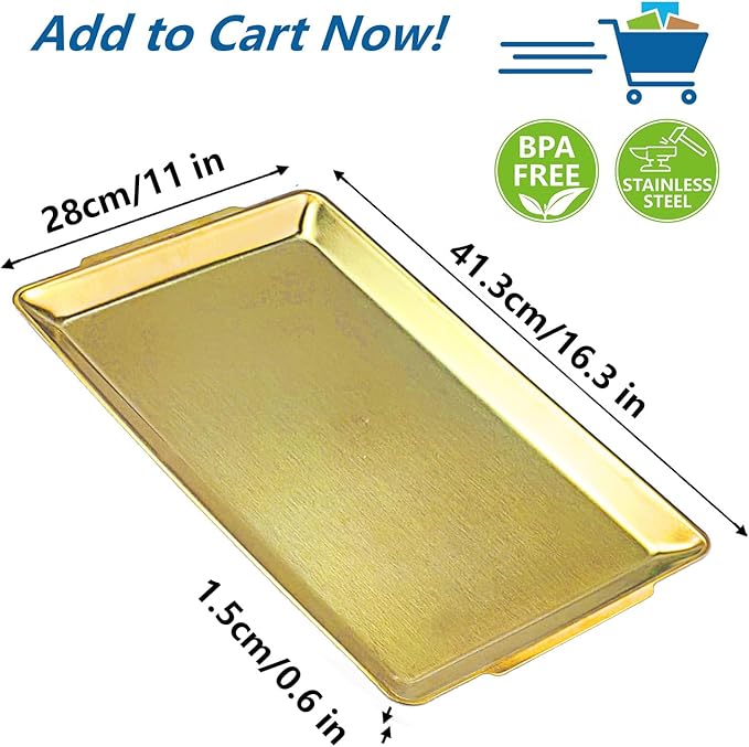 16.3" x 11" Large Serving Platters, Stainless Steel Heavy-Duty Large Serving Trays, Gold Rectangular Plates for Food, Fruit, Party, Wedding, Christmas, Chip and Scratch Resistant