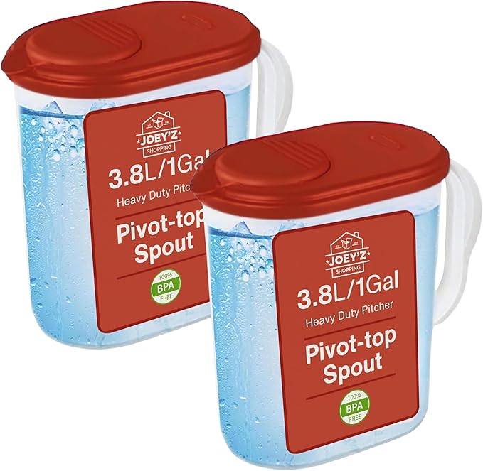 2-Pack Water Pitcher with Lid & Pivot Top Spout 1 Gallon Pitcher - Slim Design Fits Fridge Door - Freezer/Dishwasher Safe, BPA Free & Phthalate Free - Red