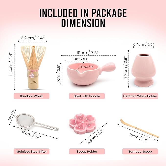 HAPPY PATH & CO Matcha Whisk Set | 6 Pcs Matcha Tea Set Includes Bamboo Whisk(Chasen) with Holder & Bowl with Spout, Sifter, Scoop & Stand - Perfect Matcha Kit Set for Matcha Lovers (Pink Blossom)