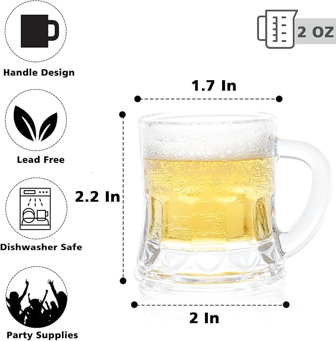 Mini Beer Mugs, Set of 24, 2 Oz with Handles, Glass Mugs for Beer, Whiskey, Tequila, Vodka