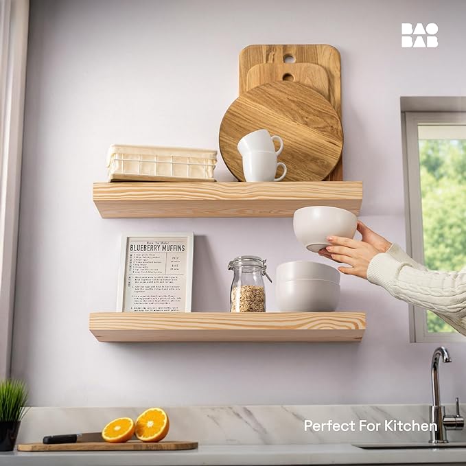 BAOBAB WORKSHOP Wood Floating Shelves for Bathroom Wall - Rustic Shelf 24 inch - Floating Wooden Shelves for Bedroom Kitchen Living Room - Natural Wood Shelves, 24W x 6.7D, Set of 2