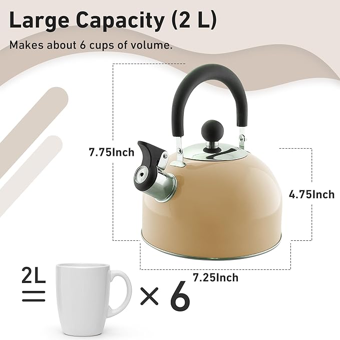 Lily's Home 2 Quart Stainless Steel Whistling Tea Kettle, the Perfect Stovetop Tea and Water Boilers for Your Home, Dorm, Condo or Apartment. (Pastel Cream)