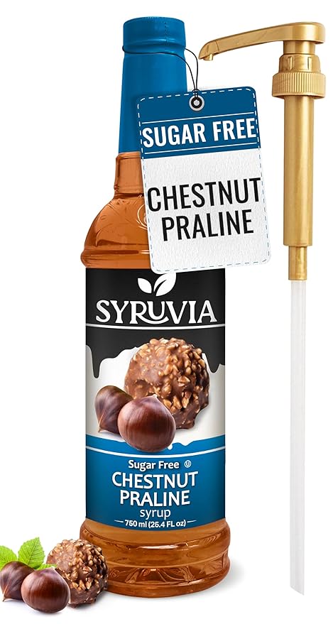 Syruvia Sugar Free Coffee Syrup, Chestnut Praline Flavored Syrup for Drinks, Lattes, and Desserts – 25.4 fl oz, With Pump