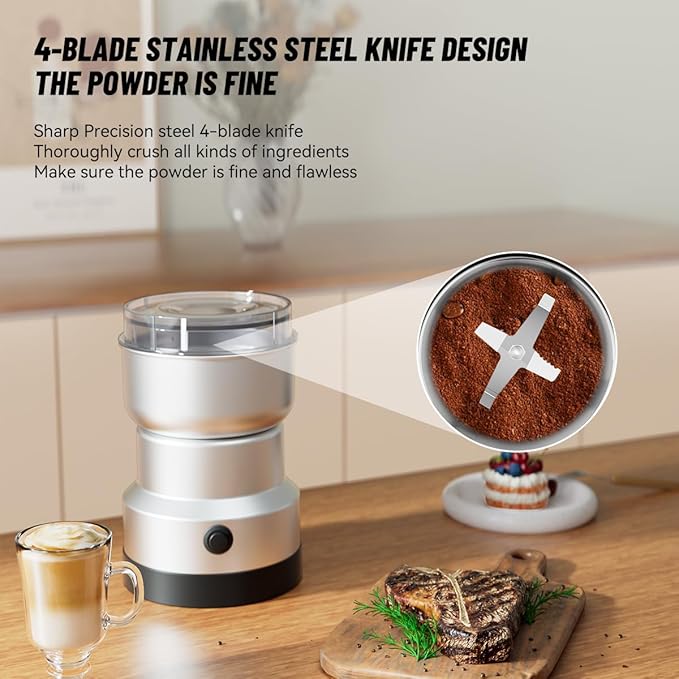 One-Touch Coffee Grinder and Multi-Purpose Grinder with Extended Power Cord & 4 Sharp Blades, for Convenient Grinding of Coffee, Spices, and Seeds Anywhere