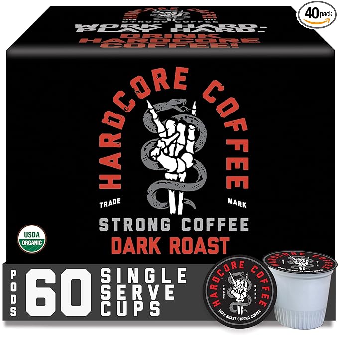 Hardcore Coffee Single Serve Coffee Pods for Keurig K Cup Brewers, High Caffeine, Strong Roast, 60 Count