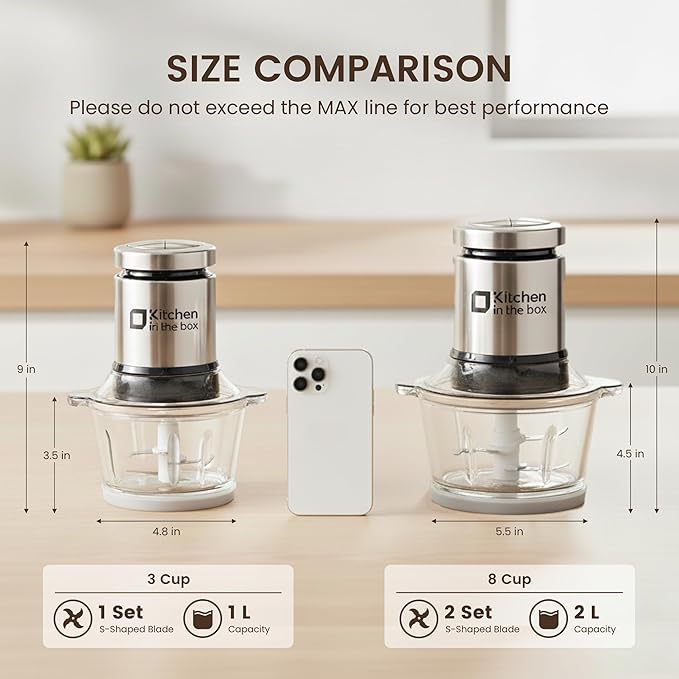 Kitchen in the box Mini Food Processor, Electric Meat Grinder & Food Chopper with 400W Powerful Veggie Chopper-One 3 Cup Bowl & S Blades for Meat/Fish/Vegetable/Baby Food