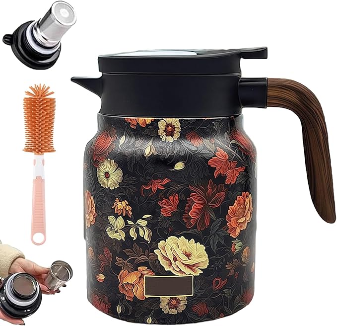 Vintage Floral Pattern Teapot – Built-In Infuser, 800ML/1000ML Heatproof Stainless Steel Teapot with Lid for Hot Drinks (Red, 1000ml-Wooden handle)