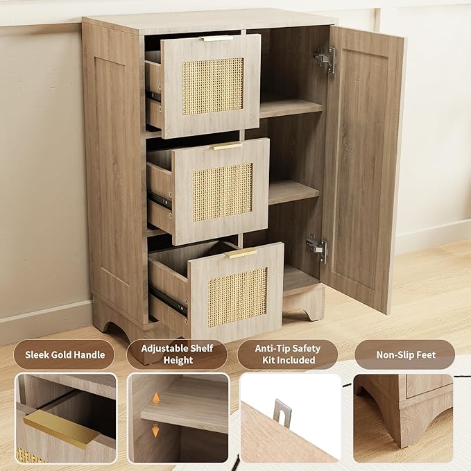 ALBAD Boho Sideboard Buffet Cabinet with 3 Storage Drawer Rattan Door and Adjustable Storage Shelves Rustic Farmhouse Coffee Bar for Dining Room, Kitchen, Natural Wood
