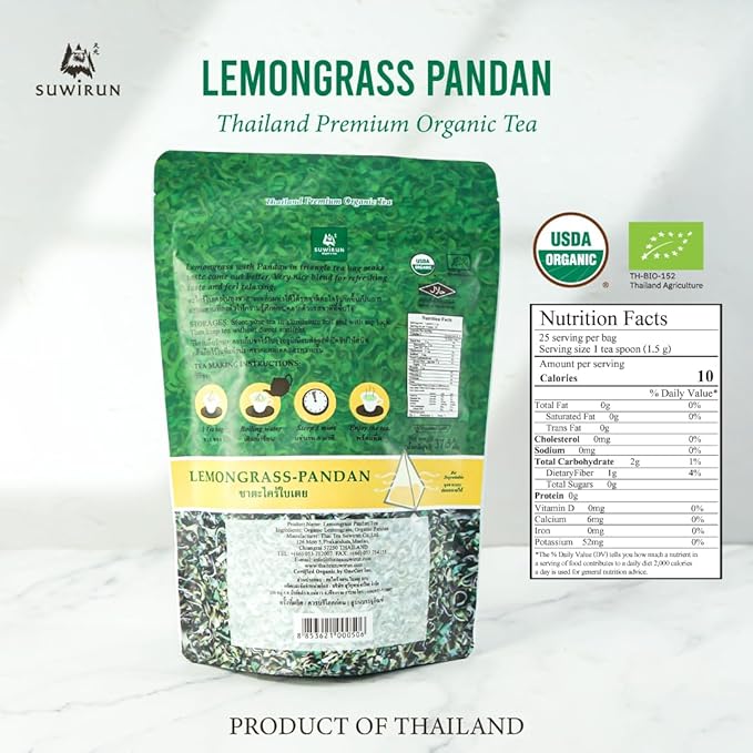 Suwirun Organic Lemongrass & Pandan Tea 25 Bags – Product of Thailand – Aromatic Thai Herbal Blend, Caffeine-Free, No Calories, Natural Fragrance, Brew Hot or Cold