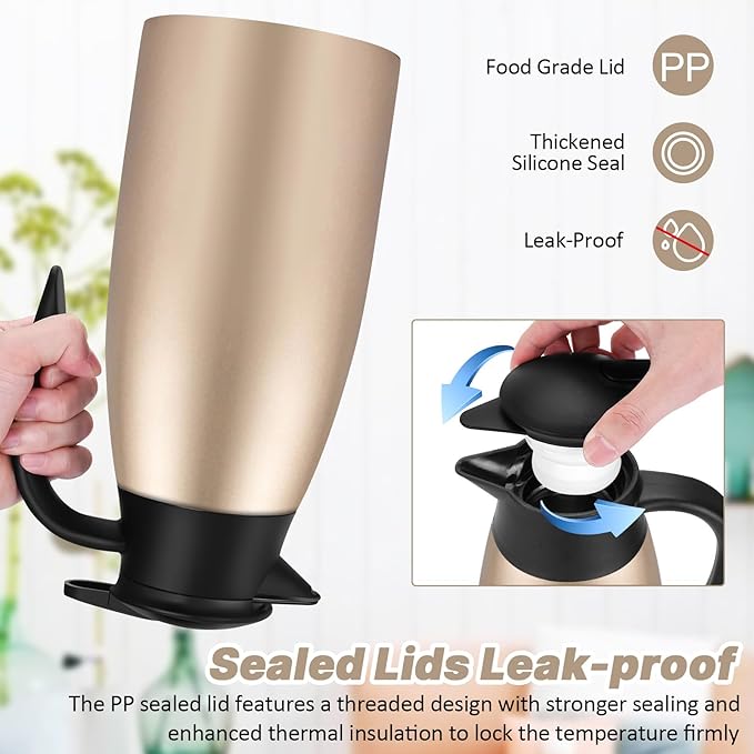 68OZ Thermal Coffee Carafes for Keeping Hot, 2 Liter Stainless Steel Thermal Carafe, Double Wall Vacuum Insulated Pitcher Tea Pot for Coffee Tea Keep Hot 12 Hours, Gold