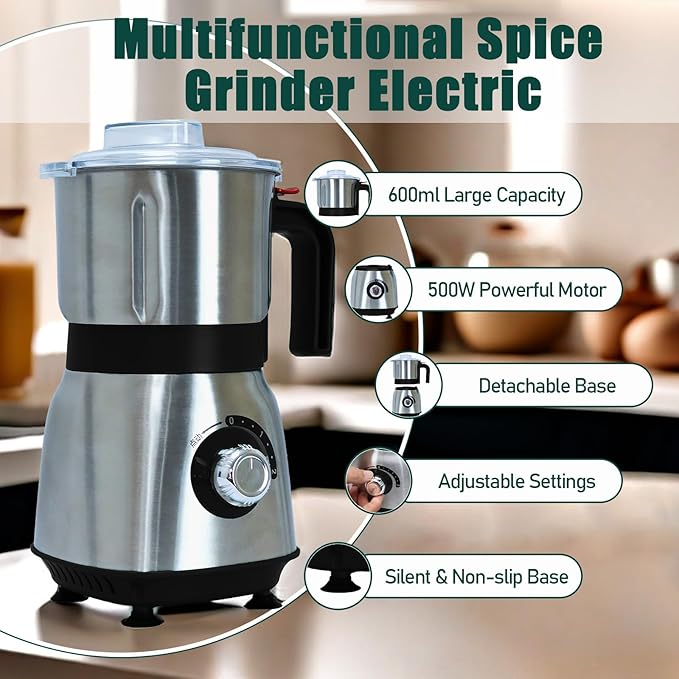 Grinder for Kitchen, Spice Grinder Electric Dry Comes With 3 Removable Stainless Steel Blades, 500w Suitable For Grinding Spices, Herbs, Coffee Beans, Grains, Nuts (Black)