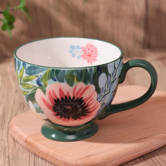 Autumn Handmade Large Ceramic Coffee Mug (20oz) Cute Cereal Vintage Flower Mugs Cozy Fall Gift Cup for Breakfast Oatmeal Tea & Hot Drinks with Floral Design