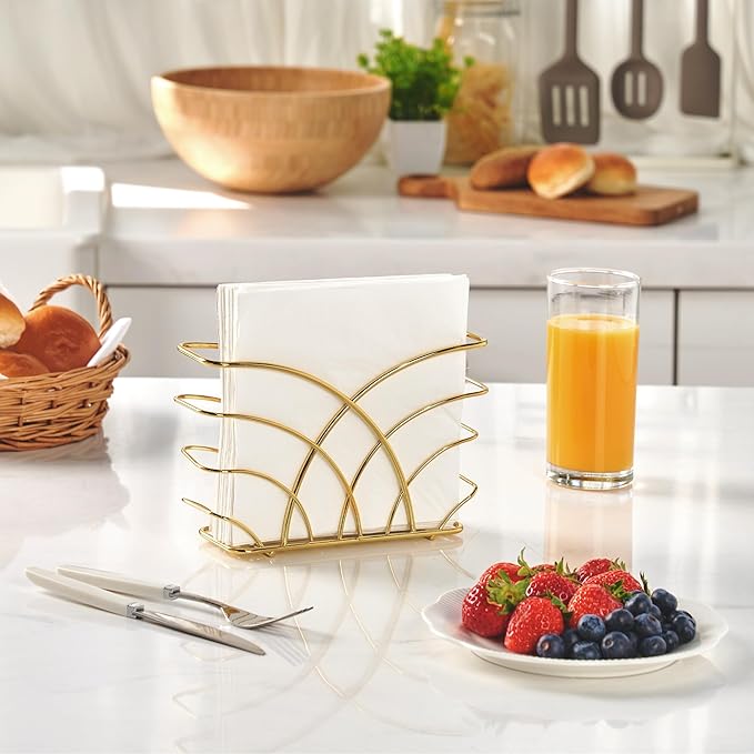 Napkin Holder for Table – Gold Iron Upright Napkin Dispenser for Paper Napkins, Napkin Dispenser for Kitchen Dining, Cocktail Picnic Bar Modern Kitchen and Dining Decor, Servilletero