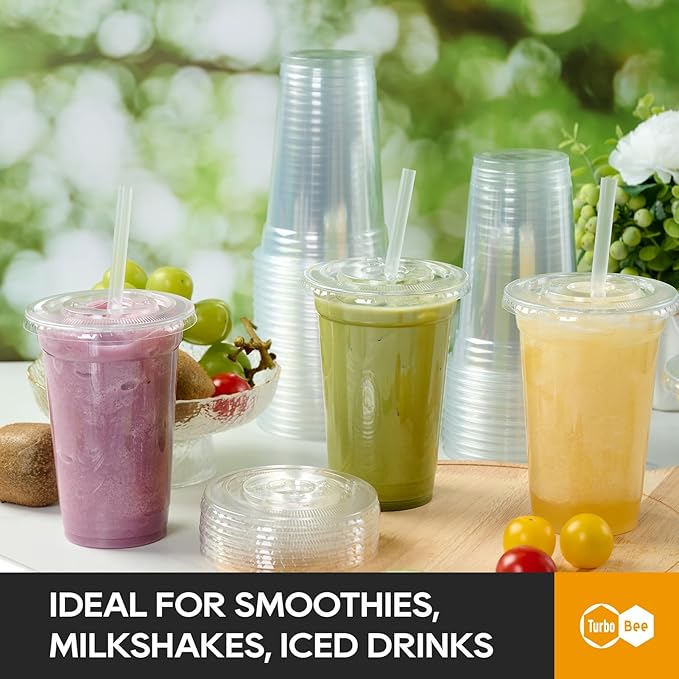 Turbo Bee 200 Sets 24 OZ Clear Plastic Cups with Lids and Straws, Disposable To Go Iced coffee cups with lids for Cold Drinks, Smoothie, and Slushie