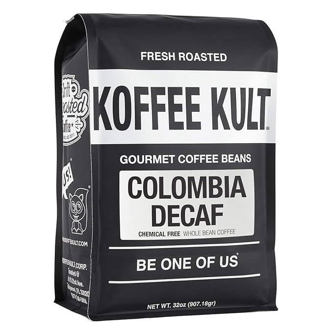 Koffee Kult Medium Roast Decaf Coffee Beans, Colombian Single Origin 100% Arabica Naturally Swiss Water Process Chemical Free - 32oz Resealable package