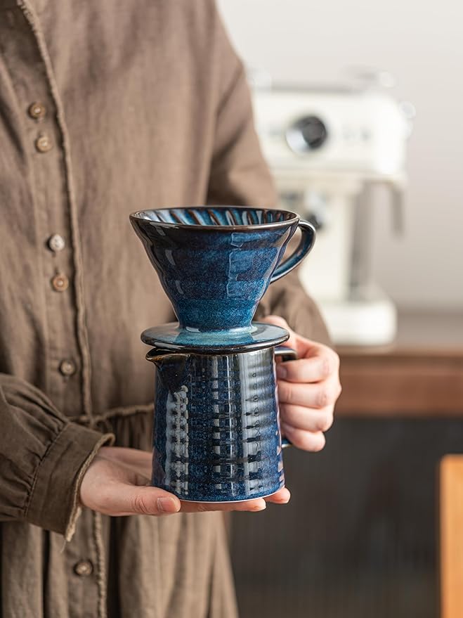 Pour Over Coffee Maker Set,Ceramic Coffee Maker With 40 pcs Paper Filter，15oz/450ml Pour Over Coffee Dripper (Starry Blue)