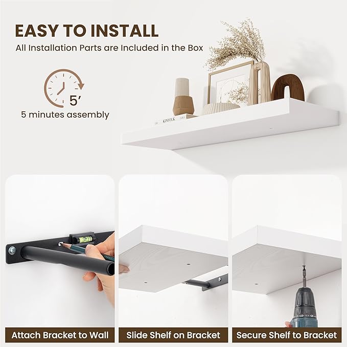 Fun Memories Floating Shelves Set of 2, 36 Inch Long Wooden Wall Shelves, 10 Inch Deep Wall Mounted Storage Shelf with Metal Brackets for Living Room, Bathroom, Bedroom and Kitchen, White