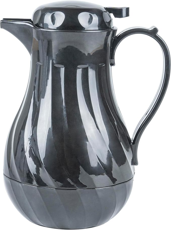 Restaurantware-Restpresso 42 Ounce Coffee Carafe, 1 Insulated Coffee Server - Push-Button Top, Swirl Design, Black Plastic Pitcher, Built-In Handle, With Identification Tags