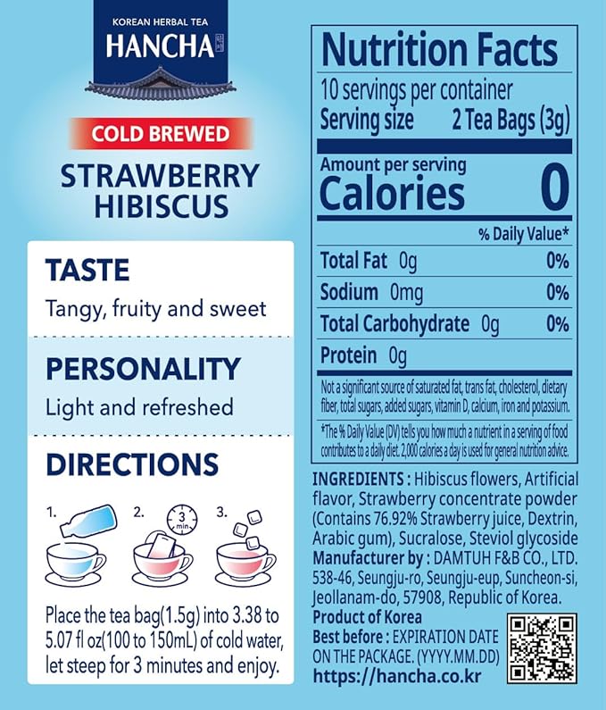 Damtuh Strawberry Hibiscus Cold Brew Tea Bags – Refreshing Fruit Herbal Tea with Real Hibiscus Flowers & Strawberry Flavor – Caffeine-Free Iced Tea for Summer Hydration (1.5g x 20 Count)