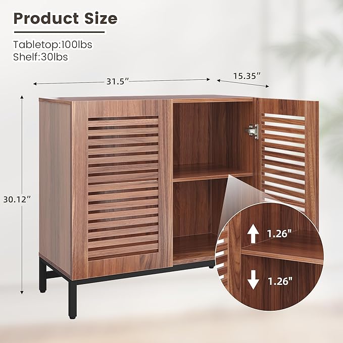 JOMEED Buffet Sideboard Cabinet with Grille-Striped Doors & Adjustable Shelf, Wood Storage Cabinet for Kitchen, Dining Room, Living Room, Entryway Walnut