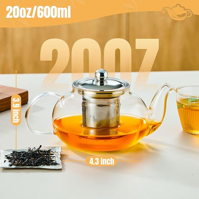 Glass Teapot Stovetop 20 OZ/600ml, Tea pot with Removable 18/8 Stainless Steel Infuser, Borosilicate Clear Tea Kettle, Teapot Blooming and Loose Leaf Tea Maker Tea Brewer for Camping, Travel